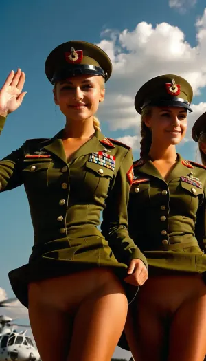 ((viewing angle from below the stage)), sunny summer day, tanned beautiful women in identical soldier uniforms saluting, beautiful 19 years old tanned russian women in identical soldier uniforms standing at attention in a row next to each other in one direction on a helicopter landing pad saluting with their right hands, military salut, at attention, long legs straight together, upright, (braless tight military shirt:1.3), ((extremely short military miniskirt shows woman´s naked shaved pussies to some extent)), medium blonde, medium brunette, black hair, braided, ((deeply tanned)), attractive girls, slim body, medium breasts, narrow bottoms, thigh gap, narrow waist, shaved pussies, slender body, shy smile, covered, nipples, braless, Wearing, clothes, that, make, sense, with, Braless>, skirtlift, <lora:MJ52:.8>, <lora:bralessSDXL_v1_00022:.3>, <lora:334932_training_data:.8>, <lora:skirtlift_xl:.1>