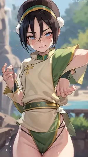 (masterpiece, best quality:1.2), lyco, (atla_tophbeifong-10:1), cowboy shot, solo, 1girl, well build gymnastic body, fitness ass, sports legs, very lots of freckles face, very lots of freckles head, very lots of freckles body, sexy, beautifull, deeply seamless tanned, thigh gaps, shaved pussy, with a perfect face, detailed face, small lips, very much blush on the checks and nose, (raised nasal tip, upturned button nose, upturned nose, delicate nose, nose), (detailed hair, light hairstyle:1.1), no makeup, horny face, very cute big smile, loving hypnotized yellow eyes, toph beifong, blind, expressionless, fighting stance, short hair, hair bun, hairband, grey eyes, (little_girl), chinese clothes, <lora:atla_tophbeifong-10:.5>, <lora:TOPH-V2:.5>