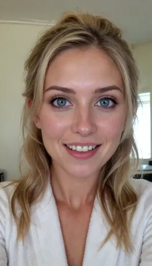 ((ultimate quality:1.5)), score 9, score 8, iphone bathroom mirror selfie.
wearing a thick white bathrobe, laying in bed, against her pillow, early morning, tack sharp, UHD, Uncomfortable, shy pose, vulnerable, please stop, mobile selfie, full mirror selfie, bathroom mirror selfie, nice smile, side smile, smouldering look, Picture taken at unique angles, sexy selfie, funny selfie, silly face, Instagram selfie, Facebook selfie, .
Soaking wet from a recent shower, wet face, wet hair, .
About her, She is 39 years old female mom, wife, her height is 175cm., ((smokey blonde thick hair in a messy ponytail)), .
long round oval face, with light blue eyes, (small bust), size b breasts, sagging tits, perky little breasts, Sun Tanned skin.
Hair is long full and bouncy., .

olddigitalcamera, raw, light, leak, film, grain, jpeg, artifacts, low, res, quality, .
tongue, iphone, mirror, selfie, holding, <lora:Old_Digital_Camera:.8>, <lora:phone_v01:.8>