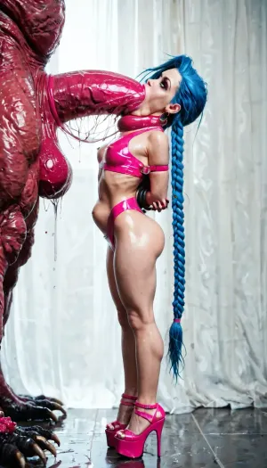 jinx, (excessive throat bulge:1.3), balls deep, to the base, monster, giant monster with massive cock, restrained with tentacles, excessive stomach bulge, extremely high heels, pink shiny high heels, stiletto high heels, platform high heels