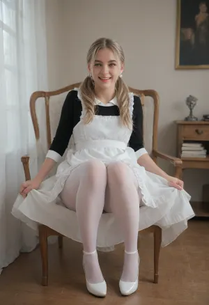 beautiful blonde 18 years old with ponytails woman, long face, smiling widely, sitting in an easy chair, legs spreading wide aside, white bows, black dress, white apron, soviet schoolgirl, white pantyhose, white shoes, high heels, lewddungeon, white background, beautiful blonde 18 years old with long pigtails woman, white lingerie, Cinematic, laughing, 4k epic detail, shot on kodak, 35mm photo, sharp focus, high budget, cinemascope, moody, epic, gorgeous, film grain, grainy, score_9, score_8_up, score_7_up, rating, suxl, photostudio, shooting, indoors, cable, cyclorama, kyoshitsu, kaidan, rouka, pantyhose, white, <lora:suxl:1.2>, <lora:PhotoStudio_SDXL_V1:.8>, <lora:Gakkou_SDXL_V1:1>, <lora:pantyhose_xl_v1:1.4>