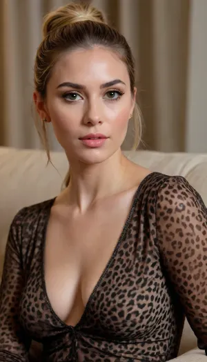 A young woman with long, dark hair styled in a high ponytail, featuring blonde streaks underneath. She has expressive dark eyes, well-defined eyebrows, and a subtle, natural makeup look. Her nose is narrow and her lips are full with a natural, slightly parted expression. She is wearing a form-fitting, long-sleeved, short leopard print dress that accentuates her figure. The dress has a brown, black, and tan animal print pattern. She is lying on her side on a textured, light brown or beige sofa, propped up on one elbow, with her body facing away from the camera and her head turned towards it. Her left hand, adorned with light-colored nail polish, is resting near her face. In the blurred background, there are two modern light fixtures with visible warm glowing bulbs, and a soft, neutral-colored curtain. The lighting is warm and inviting, highlighting her features and the texture of her dress and the sofa. The overall mood is relaxed and confident.