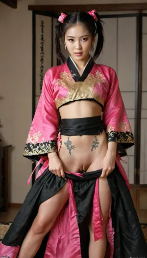 photorealistic, (masterpiece, ultra-detailed:1.4), cinematic still, (Erotic photography by Hegre in the style of Met-art:1), A full-body ultra-realistic image of a fierce Korean 18 years girl with long hot pink twin-tails, sharp eyeliner, and a confident gaze, walking down a fashion runway. She is wearing a beautifully modernized traditional Korean hanbok, featuring a short jeogori jacket with long ribbons, (goreum), a high-waisted full-length chima, (skirt), made of layered silk and organza, and subtle gold embroidery inspired by Joseon royal attire. The hanbok is in vivid pink and black, perfect hand, with luxurious textures and elegant, fingering, female masturbation, (full body shot), piercing, ultra, details, grim, highly detailed, drkms, <lora:cfg_scale_boost:1.4>, <lora:MJ52:.9>, <lora:Microwaist_XL_v01:1.9>, <lora:LCMTurboMix_Euler_A_fix:2>, <lora:DarkGrimFantasyXL-000004:.2>