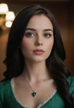 Female portrait, beautiful 25 years old, (porcelain doll-like complexion), skin, heart shaped face, (slightly small, straight), nose, (defined, yet soft), jawline, (almond shaped), (vibrant emerald green, sparkling), eyes slightly tilted upwards at the outer corners, long, flowing, (jet black), locks cascading down back, (middle part), neatly combed classy haircut, Focus on face, photorealistic, masterpiece