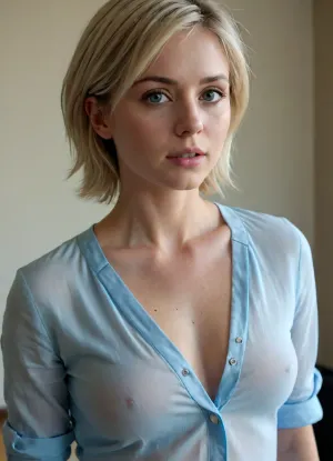 blond girl, body facing forward, short way hair, light blue shirt, black pants, medium breasts, erect nipples, small ass