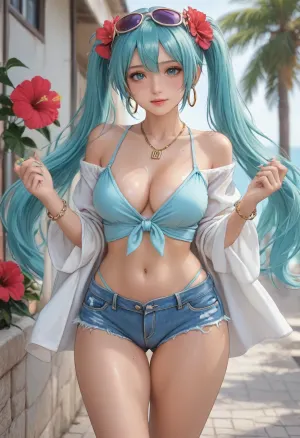 (2d sketch:1.5), 1woman close up, (Vibrant Colors:1.5), naked shiny breasts, ((tan)), ((naked breasts)), jewelry, long hair, twintails, solo, shorts, earrings, shiny skin, smile, shiny, very long hair, navel, sunglasses, flower, hair flower, aqua eyes, eyewear on head, hair ornament, alternate breast size, necklace, wide hips, looking at viewer, cleavage, thigh gap, aqua hair, sweat, hibiscus, blush, cowboy shot, denim, denim shorts, nail polish, shirt, bracelet, hatsune miku, blue bikini, aqua nails, open fly, bare shoulders, thick thighs, thighs, off shoulder, hoop earrings, cutoffs, brazilian, brazilian shirt, dark skinned female, style anime, inspired illustration, oda, non, <lora:cartoon_stickers_xl_v1:.8>, <lora:outline_xl_kohaku_delta_spv5x:1.5>, <lora:AshMilkshake_Illustrious_v1:1.8>, <lora:Ppolar-P3v1-NbVp10:1.3>, <lora:Brown Dust Style XL:.9>