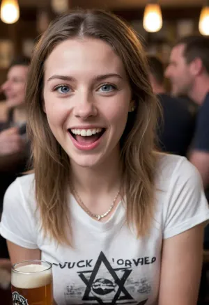 beautiful young woman, (young girl:1.8), (small face), (Small body), blue eyes no makeup, laughing, star-of-david necklace, wearing a t-shirt with the letters "FUCK TOY" across the chest, in a crowded biker bar, holding a beer
photorealism, hyper real, studio lighting