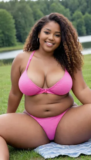 Young chubby ebony girl, thick girl, (((18 years))), not pretty, no makeup, natural face, frackles on body and face, very wide pelvis, chubby figure, enormous breastsize, fat tits, long curly hair, smiling, posing, chubby, pink bikini, spreading legs, Instagram pic, at a lake, laying in the grass, laying on the back