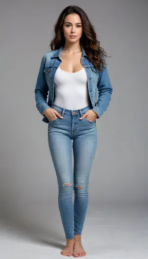 wearing tight white bodysuit and light blue denim jacket loosely hanging off her shoulders and forearms, standing in a light gray studio background, posing in a subtle half-profile with her head slightly tilted down and to the left, eyes half-closed, one hand pulling on the bodysuit near her hip, long wavy brown hair cascading over her shoulder.

Full-body portrait, camera positioned at waist level and 4-5 meters away from the model, capturing her entire figure from head to feet, leaving extra space above the head and around the feet in frame, visible light gray studio background with clean white wooden floor. Professional studio lighting, balanced shadows, sharp focus on entire figure, shallow depth of field with beautiful background separation.

Shot on Canon EOS R5, 50mm lens, Canon L-series lens, natural perspective, high-detail 8k photography, HDR

clearly visible bare feet flat on the floor, entire figure from head to toes fully visible in frame, no cropping, extra space around feet