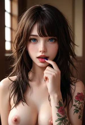 1girl, breasts, nipples, solo, realistic, black_hair, tattoo, long_hair, nude, looking_at_viewer, large_breasts, arm_tattoo, black_eyes, upper_body, finger_in_own_mouth, nail_polish, finger_to_mouth, bangs, tongue, freckles, lips, messy_hair, nose, indoors