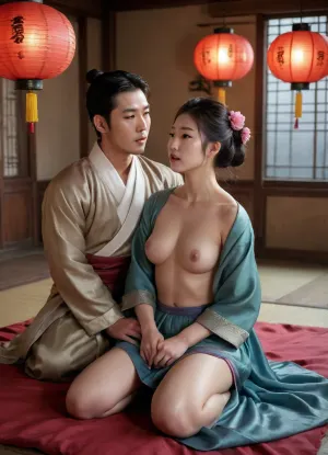 1 Korean male, 1 Korean female, wearing hanbok, enjoying sex, boob poping out, intense sex, cowgirl position, (cowgirl position), Korean couple, 21 year old Korean female, 27 year old Korean male, nude, naked, Having sex in traditional outfits, Sex in hanbok, silk hanbok, sex in the hanbok, Real face, seductive expression, Night time, dim light, late night time, winter weather, sweaty, oily skin, sensual scene, side pose, full body visible, light reflecting from skin, detailed body, real skin, perfect body, perfect feet, perfect hands, Detailed face, both of them are nude, dark scene, dusk, night shadows, 15th century, joseon period, full body in view, in old house, ancient Korean lanterns hanging on the ceiling, evening time, reflections, shadows, Realistic detailed eyes. Realistic skin texture. high quality, photorealistic, hyperrealistic, extremely detailed, high resolution, high resolution face, high resolution eyes, 8k, 15th century Korean house with bed on the ground in the middle of the room, colourful room, flower decorations, Korean paintings, <lora:CowgirlFeetUp:.8>
