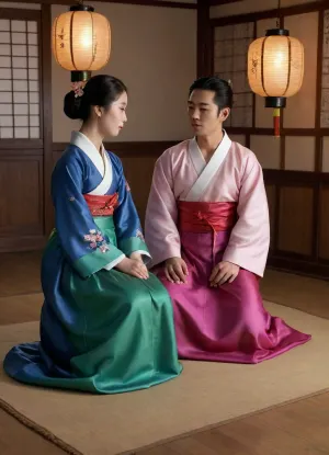 1 Korean male, 1 Korean female, wearing open hanbok, enjoying sex, boob poping out, intense sex, cowgirl position, ((cowgirl position)), Korean couple, 21 year old Korean female, 27 year old Korean male, nude, naked, Sex, cowgirl, traditional rituals, Having sex in traditional outfits, Sex in hanbok, silk hanbok, sex in the hanbok, Real face, seductive expression, Night time, dim light, late night time, winter weather, sweaty, oily skin, sensual scene, side pose, full body visible, light reflecting from skin, detailed body, real skin, perfect body, perfect feet, perfect hands, Detailed face, both of them are nude, dark scene, dusk, night shadows, 15th century, joseon period, full body in view, in old house, ancient Korean lanterns hanging on the ceiling, evening time, reflections, shadows, Realistic detailed eyes. Realistic skin texture. high quality, photorealistic, hyperrealistic, extremely detailed, high resolution, high resolution face, high resolution eyes, 8k, 15th century Korean house with bed on the ground in the middle of the room, colourful room, flower decorations, Korean paintings, <lora:CowgirlFeetUp:.8>