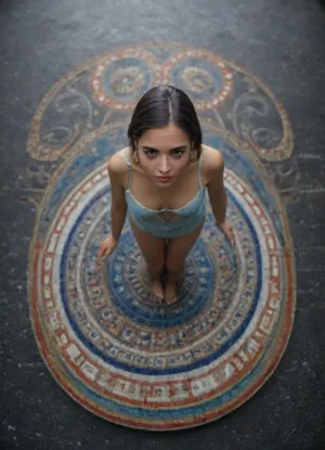 Masterpiece, (Full lateral motion view from above:3), Petite skinny pale 18yo spanish woman in a, ((superdetailed mandala world:2))