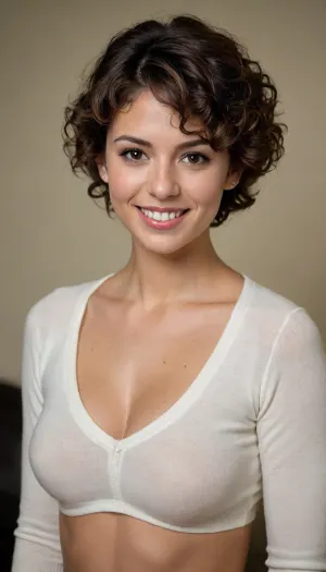 Take an award-winning perfectly shot candid analog photo of a stunning 35-year-old Mexican high school, medium breasts, large erect pointy nipples, She has very short very curly brown hair styled in a pixie cut permanent. She has rich and even tan skin and a beautiful smile with perfect teeth. She is very busty and slender and wears an extremely tight white sweater, Her sweater reveals some nice cleavage at the top. She has luminous soft brown eyes, a pert nose. Gorgeous tall tall face. 1990sanalogphoto, raw, light, leak, <lora:1990sAnalogStyle:.2>
