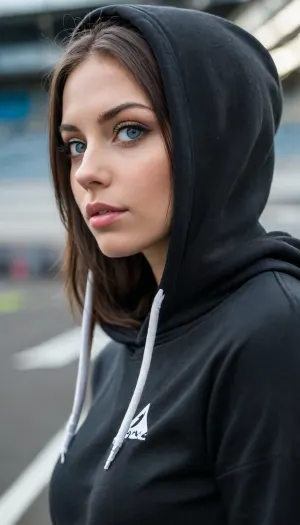 ziprealism, (playful girlfriend, mischievous woman), (smug, expressive eyes, breathtaking eyes, mesmerizing eye contact), (tight hoodie, black hoodie, raised hood, casual outfit:1.4), (silky hair, glossy black hair, long hair, cascading hair:1.2), (focus on chest, perfect eyes:1.4), (subtle makeup, sporty makeup:1.2), (sharp chin, chiseled cheekbones, triangular face, full lips), (medium full shot, profile shot, side view, low angle shot, natural lighting, tight focal length, rule of thirds framing:1.2), (crystal blue eyes, catchlights, detailed eyes, limbal ring), sitting in stadium, crowded, natural skin texture, soft bokeh, <lora:add-detail-xl:.8>