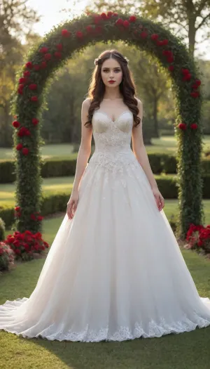 Cute girl, (sexy Gothic style wedding dress:1.85), high details, (petite girl:1.69), complex decorations, slim hips, thin waist, small breasts, (long curly dark brown hair, clips, small bows lace), scandalous wedding dress of a witch + neckline + jewelery, very long transparent sleeves, scandalous, tempting, teasing, outdoor garden setting, (flower arch), (string lights), rose petals on grass, green hedges, (soft natural light), (late afternoon sunlight), <lora:ahxl_v1:.8>