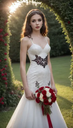 Cute girl, (sexy Gothic style wedding dress:1.85), high details, (petite girl:1.69), complex decorations, slim hips, thin waist, small breasts, (long curly dark brown hair, clips, small bows lace), scandalous wedding dress of a witch + neckline + jewelery, very long transparent sleeves, scandalous, tempting, teasing, outdoor garden setting, (flower arch), (string lights), rose petals on grass, green hedges, (soft natural light), (late afternoon sunlight), <lora:ahxl_v1:.8>