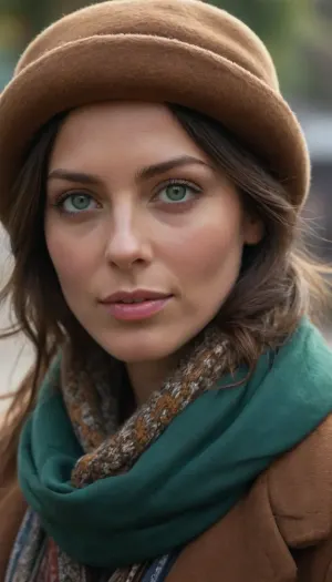 a close up of a woman 35ys, green eyes, wearing a hat and a scarf, by Hannah Tompkins, market setting, chile, wearing collar, jenny seville, nepal, very professional, amber, looking confident, christina kritkou, # 0 1 7 9 6 f, thick collar, slightly sunny, inca style, casually dressed