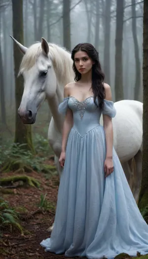 A young naked woman, late teens to early twenties, with long, dark hair, painting a portrait of a majestic white unicorn in a dark, misty forest. The artist is seen from the waist up, wearing a flowing, light-blue, off-the-shoulder gown with puffed sleeves. The unicorn is depicted with realistic detail and stands beside her, both figures positioned amidst a dark, misty forest. The scene is inspired by digital painting with textures and brush strokes suggesting fine detail and a realistic quality, yet with hints of abstract expressionism. Cinematic, epic, atmospheric scenery.