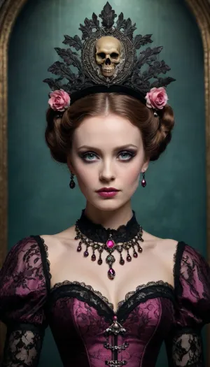 Female naked figure, 20s-30s, with a detailed skull makeup. Elaborate, ornate black crown-like headdress with intricate details. Dark, rich burgundy-pink ruffled sleeves on a dark, lace-detailed bodice. Dark, ornate, detailed, black dress with jewelry, large black beaded necklace. Intricate black corset-like detailing and textures across the dress. Pale skin tone. Serious, almost melancholic expression. Eyes are staring directly forward with a somber mood. Dark teal-gray background with soft lighting that highlights the figure, casting dramatic shadows. The composition focuses on the figure in the center of the frame, with the environment softly fading in the background. Gothic, fantasy style, with a theatrical, dramatic mood. High-quality rendering, detailed textures and light. Art Deco, Victorian, and surrealist style influences.