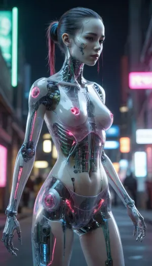 zoomed out full body portrait, ((Asian cyborg girl with partial transparent skull with visible wires and red plasma inside her skull:1)), robotic skeleton with pink lights and green lights and blue lights, robotic feet with plasma lights, showing ass, shooting gun on cyberpunk street, <lora:PAseer-SDXL-Transparent Robot:.5>