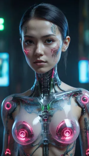 zoomed out full body portrait, ((Asian cyborg girl with partial transparent skull with visible wires and red plasma inside her skull:1)), human face with many face scars and many tattoos, robotic skeleton with pink lights and green lights and blue lights, robotic feet with lights, (holding long plasma gun:.5), cyberpunk street, <lora:PAseer-SDXL-Transparent Robot:.5>