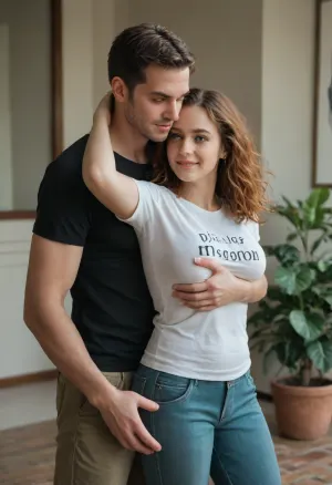 is holding, She is positioned slightly to the left of center in the image, and is facing forward, looking down . A man is behind the girl, his arms are around her, standing very close, (((He is fully dressed))), (((She is fully dressed))), She has shoulder-length dark ginger vawy thick and lush hair and is wearing a blue t-shirt and a green shorts. She appears to have an average, a little plump build. 160 cm tall. The woman is smiling peacefully. The man’s expression is gentle. He is wearing house pants and a t-shirt, man is 35 yo, man is 175 cm tall, she is 35 yo, She has a large breast, (((E cup))), <lora:SDXL1.0-LoRa_Zeitgeist-Series-by-AI_Characters_Style_Photographic-v2.0:1.5>, NEGATIVE_HANDS, hugging, <lora:HandFineTuning_XL:.8>
