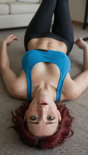 angelicotryxl, angelikaxl, <lora:AngelikaXL:1.4>, masterpiece, best quality, very aesthetic, absurdres, intense orgasm, lying on her back, sports bra, facefuck, pinis in throat, yoga pants, socks, socks over leggings, detailed skin texture, lustful expression, long red hair, piercing green eyes, curvy body, sprawled on her back, head lolling backwards, neck stretched taut, pale flesh straining and bulging obscenely, gagging wetly, drool streaming down chin, hands scrabbling weakly at thighs for balance, arms shaking from the strain, muscles quivering, eyes glassy and unfocused, half-lidded in bliss, gushing arousal, filling obscene sounds, tongue fluttering limply, lost in submissive euphoria, craving brutal use, hole twitching hungrily around fingers, clenching, bright vibrant colors, high contrast, dynamic angle, rim lighting, sensual atmosphere, blurred background, suggestive, lustful, intimacy, explicit, beautiful detailed eyes, detailed skin, intense emotional depth, myfoxyland, upside-down, on back, lying, shiupside, detailed muscle definition, sweat glistening on skin, realistic skin texture, depth of field, cinematic lighting, dramatic pose.
