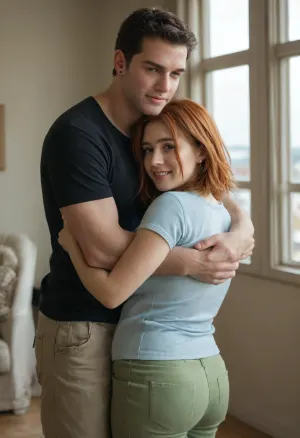 is holding, She is positioned slightly to the left of center in the image, and is facing forward, looking down . A man is behind the girl, his arms are around her, standing very close, (((He is fully dressed))), (((She is fully dressed))), She has shoulder-length dark ginger vawy thick and lush hair and is wearing a blue t-shirt and a green shorts. She appears to have an average a little plump broad build with a fat belly. 160 cm tall. The woman is smiling peacefully. The man’s expression is gentle. He is wearing house pants and a t-shirt, man is 35 yo, man is 175 cm tall, she is 35 yo, She has a large breast, (((E cup))), <lora:SDXL1.0-LoRa_Zeitgeist-Series-by-AI_Characters_Style_Photographic-v2.0:1.5>, NEGATIVE_HANDS, hugging, <lora:HandFineTuning_XL:.8>, A voluptuous girl, (big busty curved), standing holding her hugged from behind, (snuggling hugging), best quality, sakura, uchiha, crest