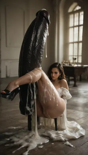 (giant ultra larg black skin brute with super large black dick:1.4), (super massive cum on legs:1.9), (super massive sticky cum on high heels:1.9), .
A high-resolution, close-up fashion editorial shot of a glamorous bride’s legs and feet, styled for a luxury bridal accessories campaign. The bride wears glossy white thigh-high stockings with a delicate lace top, paired with a vibrant red garter belt and sleek black YSL stiletto heels. Her legs are elegantly posed on a white velvet ottoman, lit with soft studio lighting to highlight textures and shine.

A silk wedding gown with a high slit gently cascades around her, revealing just enough to showcase the contrast of colors and materials. The background is minimal and elegant — perhaps a white marble floor or soft-focus bridal suite. The image captures refined sensuality, fashion-forward styling, and bridal luxury — perfect for a high-end magazine ad., reij-snrs, light, and, shadow, by, facialized, superfacialized, <lora:dark:.8>, <lora:sunriseSDXL-000009:.8>, <lora:facialized:1.7>, romantic_couple_poses, <lora:1365620_training_data:.8>