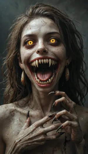 Beautiful woman, yellow eyes, sharp teeth, horror, smile, sharp claws, long arms