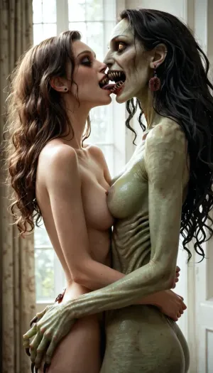 nude, scary, horror, (beautiful), sexy, monster woman, sharp teeth, very long arms, sharp claws, extremely tall, kissing a human woman, lesbian