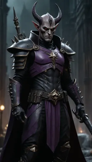 Male Drukhari commander from Warhammer 40, 000, lithe and tall with pale alabaster skin, sharp angular features and a sinister expression. Wearing dark, sleek, gothic-style armor with spiked and barbed decorations, intricate detailing, and dark metallic colors with purple and black hues. The armor is lightweight but menacing, showing advanced alien technology and cruel aesthetics. The commander is unhelmeted, revealing a sharp, cunning face with piercing eyes. Background is a dark, twisted cityscape of Commorragh with eerie lighting and alien architecture. Style is realistic, dark sci-fi with high detail and dramatic shadows.