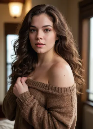 A 20yo fat bbw woman with wavy dark brown hair, wearing an off-shoulder oversized brown knit sweater. She gazes softly toward the camera, slightly tilting her head, with her right hand gently brushing her hair. The lighting is warm, creating a cozy atmosphere.