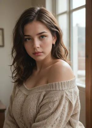 A 20yo fat bbw woman with wavy dark brown hair, wearing an off-shoulder oversized brown knit sweater. She gazes softly toward the camera, slightly tilting her head, with her right hand gently brushing her hair. The lighting is warm, creating a cozy atmosphere.
