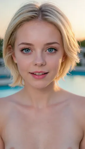 (Intricately detailed), 4K, (UHD), (HDR), poolside, (small frame 18yo, cute young adult, flat chested, nude, innocent face, young face, (makeup), gorgeous soft blonde short hair, blue eyes, close up, pale skin, very bright lighting, hard puffy nipples, focus face and male flat chested tits, sexy face, happy, excited eyes), flat, chested, <lora:flat_chested_v3.5:.8>