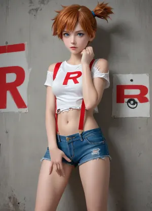 Misty Team Rocket pokemon, boobs, scratched clothes, torn t-shirt, masturbating, misty_\, (pokemon\), side_ponytail, navel, suspenders, denim_shorts, midriff, poke_ball_\, (basic\), bare_shoulders, short_shorts, <lora:misty_(pokemon):.8>