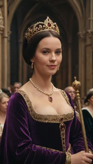 Style of Holbein the Younger, (((hyperrealistic painting))), Anne Boleyn's coronation, Anne, a young woman with dark black braids, swart skin and large breasts, pearls, big crown and a purple velvet gown, holds a scepter in Westminster Abbey. Smiled. The background is blurred, showing crowd courtiers. Wide angle, emphasizing Anne, <lora:491360_training_data:.8>, <lora:mgl_Painters_009_Hans_Holbein_the_Younger:.8>, <lora:xl_more_art-full_v1:.8>