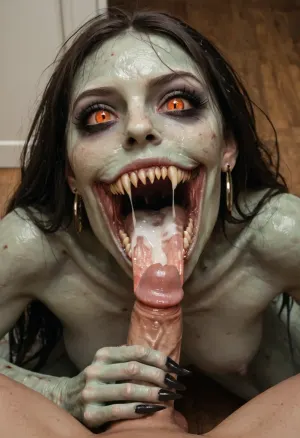 Photo, real photo, professional photo, a scary monster woman kneeing on the floor with semen all over her face and forhead, looking up at viewer, handjob, blowjob, semen in mouth, cumshot, semen on face, cum on face, cum in mouth, (four arms), long arms, sharp claws, long tongue, huge mouth, sharp teeth, long scary teeth, (female monster:1.7), scary, horror, erotic horror, normal human cock, nude woman, only one monster