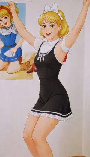 magazine cover, fantastic, retrofiturism, 8k, UHD, retro, widely, smiling, russian blonde, beautiful blonde 18 years old with ponytails woman, hands up, white bows, black dress, white apron, soviet schoolgirl, white lingerie, white shoes, high heels, background white walls, Whore, poster, style, of, kachanov, soviet, cartoon, VintageMagStyle, <lora:milkers_v2:1.6>, <lora:206390_training_data:.8>, <lora:kachanov_style:.8>, <lora:SDXL-VintageMagStyle-Lora:.7>, <lora:Old_Sci-fi-SDXL:.8>
