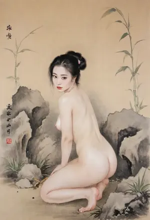 1girl, ancient Chinese female, (nude:1.5), (traditional Chinese gongbi painting style:1.3), (Chinese guohua style:1.2), delicate and intricate details, (sexy pose:1.2), (squatting above a trench, pissing:1.3), ashamed, embarrassed, surrender, submissive, blushing expression, (dense thick pubic hair, embarrassed, shameful expression:1.4), (long flowing black hair:1.2), (pale smooth skin:1.2), (subtle ink wash shading:1.3), (fine brushwork:1.3), (traditional Chinese art aesthetic:1.2), (minimalist background:1.2), (bamboo and orchid motifs:1.1), (soft muted colors:1.2), (calligraphic elegance:1.1), highres, ultra-detailed, 8k wallpaper, (realistic proportions:1.2), (solo:1.2), lora, (gongbiPainting:.8), (ancientChineseFemale:.6), hanfu, MOGUHUANIAO, <lora:Chinese painting_shinvhua_国画_仕女_V1.0XL:1.9>, <lora:mogu-painting-花鸟篇-sdxl_v1:.1>
