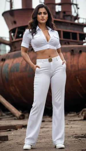 A very beautiful Indian tall sexy woman, ((muscular)), witch woman, full body view, wearing a white custom officer, (((shirt))), badges on the shirt, shirt is, (((open))), from top, ((((white trouser)))), white shoes, photoshoot, ((big round boobs)), rounded ass, long wavy hair, thick thighs, ((sweaty body)), wide hips, naked topless, flirty, standing outside a broken old shipyard.