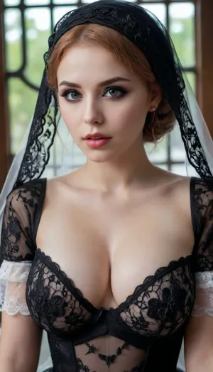 Cosplay girl, young cosplayer, cosplay, (mourning bride at the age of 18), big boobs, bedona boobs, sexy cosplay, porn cosplay, chest, neckline, transparent clothing, black clothing fabric, sexy black bride outfit, black lace outfit, exquisite lace outfit, sexuality, black long veil made of semi-transparent material., ral-chrosc-bw, <lora:nippleRing:1.8>, <lora:ral-chrosc-bw:1.8>