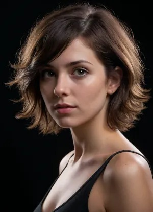 Close-up face photo., (28 year old girl:1.4), (German:.7), (Georgian:.3), brunette, messy shaggy bob haircut, A woman stands against a pitch-black background. She's positioned in a three-quarter profile, her body angled slightly away from the viewer, her gaze directed off to the side. The lighting is dramatic and chiaroscuro, with a cool, almost bluish light. A warmer, reddish light grazes her back and side, creating a subtle contrast and emphasizing the curves of her figure. The shadows are deep and pronounced, particularly against the black backdrop, giving the image a sense of depth and mystery. Her expression is neutral, almost pensive.