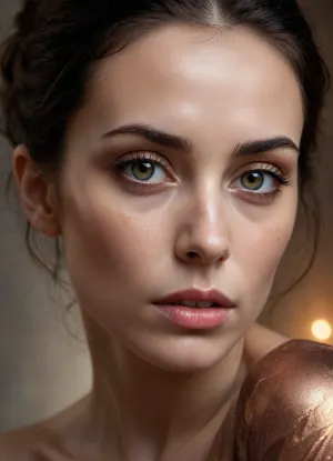 A dramatic, high-contrast portrait photograph in the style of Nadav Kander, showcasing a confident Italian woman with elongated facial features. Her skin exhibits a smooth, textured Mokume-Gane pattern adorned with ancient, celestial markings, set against a softly blurred, warm background. Intense chiaroscuro lighting emphasizes her prominent cheekbones, elongated chin, and sharp gray eyes, while a faint, ethereal red-golden glow illuminates her eyes, creating a striking contrast and conveying a sense of otherworldly power. The background subtly hints at a cosmic nebula with distant stars, creating an atmosphere of mystery and intrigue perfectly suited for a fantasy book. Highly detailed, hand signed by "Dinamike" in the lower right corner with a white marker.