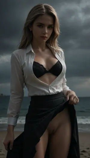 beach, professional photography, high quality, artistic, soft, romantic atmosphere, beautiful thin blonde woman secretary, unbuttoned white shirt, bra, show pussy, upskirt, storm, long skirt, (((windyskirtlift))), undressing, detailxl, windyupskirt, <lora:dark:2>, <lora:windyupskirt_SDXL:2>, <lora:PrgXL_V1:1.9>