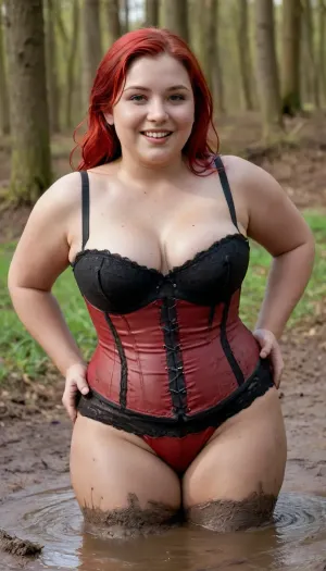 A young, very fat, overweight lady with very wide hips and very thick legs is lying on a muddy meadow in a deciduous forest. She is wearing a red corset with black lace and strings and black lace silk panties. she is almost submerged in the mud. She smiles gleefully upwards. she has a wet body and is smeared with mud. wet hair covered with mud. face smeared with mud. Corset is soaked and smeared with mud. The sun is shining, reflected in the puddles. view from the side. close-up, mud, looks, like, 【your, description】, plump, skindentation, chubby, bbw, venus, body, big, breasts, ass, <lora:MudLooksLike-SDXL-PAseer:2>, <lora:Chubby BBW - XL:1>