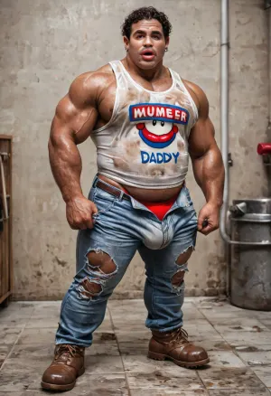 Handsome chubby daddy man, (chubby body:1), thick eyebrows, Algerian man, 55-years-old, very short curly hair, hairy body, (big lips:1.4), (big booty:1.6), (brown lips:1.1), macho male, Maghreb man, tanned skind, (brown skin:1.4), (beefy old daddy:1.5), sexy plumber man, wearing unbuttonned low-rise denim jeans, thong apparent, big bulge, dirty ripped tank top, suspenders pulled down, tools belt, timberland boots, (plumber:1.5), sweaty body, wet, heat heavy heat, standing proudly in worn warehouse, garbages, darklights, shadows, sexy male, hot teasing male, gay only, solo picture, full-length body, (fog:1.1), hand grabbing his bulge, (grabbing bulge:1.4), teasing the viewer, hyper hot sexy picture