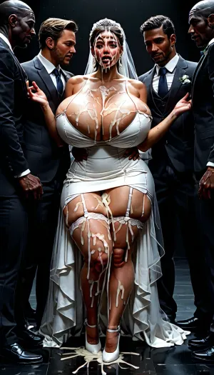 (full body image:1.9), (giant dark skin brute1.5), (ultra massive black skin brutes:1.3), (huge massive bukkake face:1.9), (man and woman's face full of thick sticky cum facial:1.9), A romantic Iranian wedding scene under a spotlight, the bride and groom share a passionate kiss. The bride is wearing a stunning, sensual white wedding outfit, a deep V-neck bridal dress with a short, shiny satin skirt, sheer white stockings, and an elegant white garter belt. Her outfit is both classy and irresistibly attractive, with delicate lace details and high heels. The groom is in a sharp, tailored black suit and white shirt, looking at her with deep affection. The background is softly lit, with rose petals falling, creating a dreamy, cinematic mood., reij-snrs, light, and, shadow, by, facialized, superfacialized, huge, breasts, massive, <lora:dark:.3>, <lora:sunriseSDXL-000009:.6>, <lora:facialized:1.4>, <lora:SDXL_MassiveCowsLoRA_v1:.7>