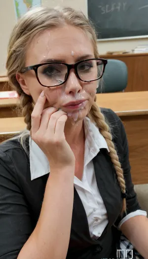 18 yo girl, long braided blonde hair, sitting in classroom behind desk, ((fully clothed teacher stays and ejaculates on her face)), sharp focus on face, rectangle glasses
